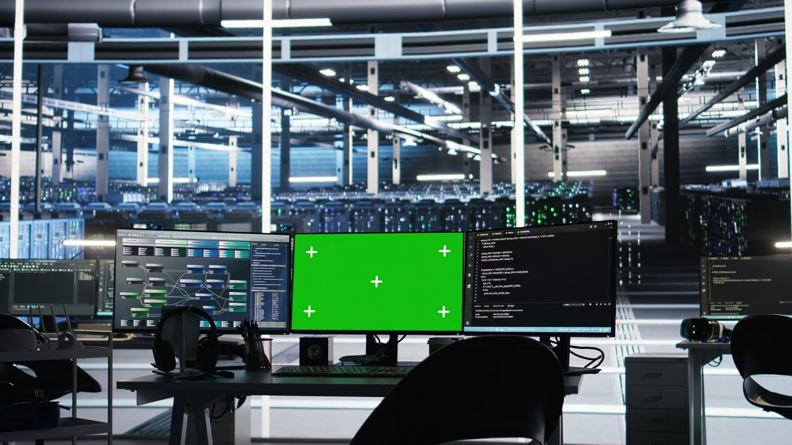 Mockup PCs in data center control hardware energy usage using node tree tech interfaces. Isolated screen workstations automate and supervise operations in server farm using visual programming